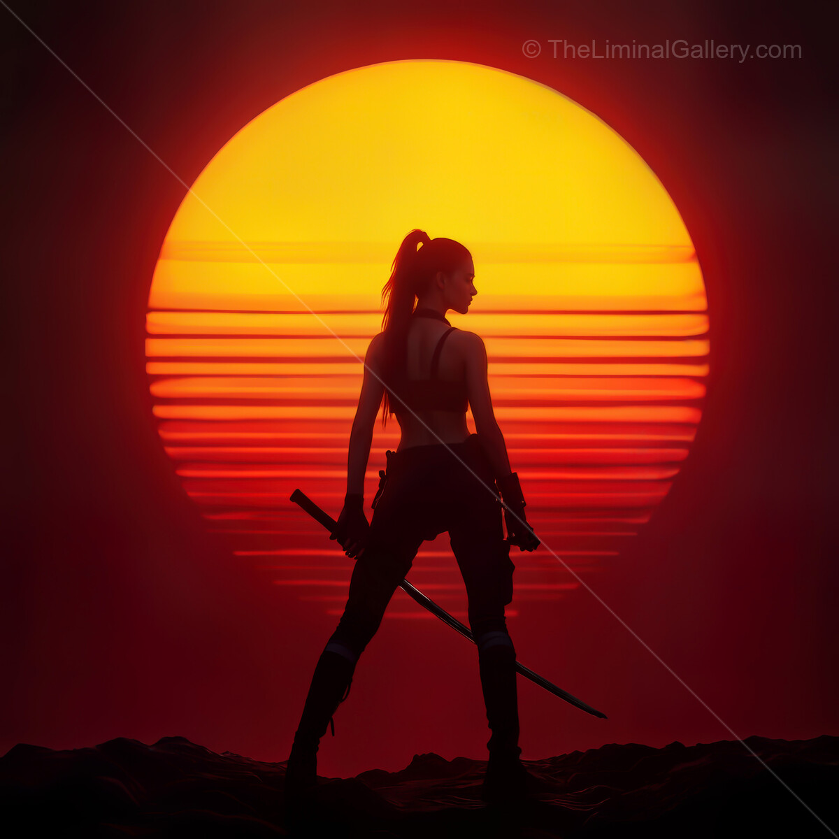 Silhouetted warrior against a vibrant synthwave sunset in a cyberpunk world filled with energy and mystery