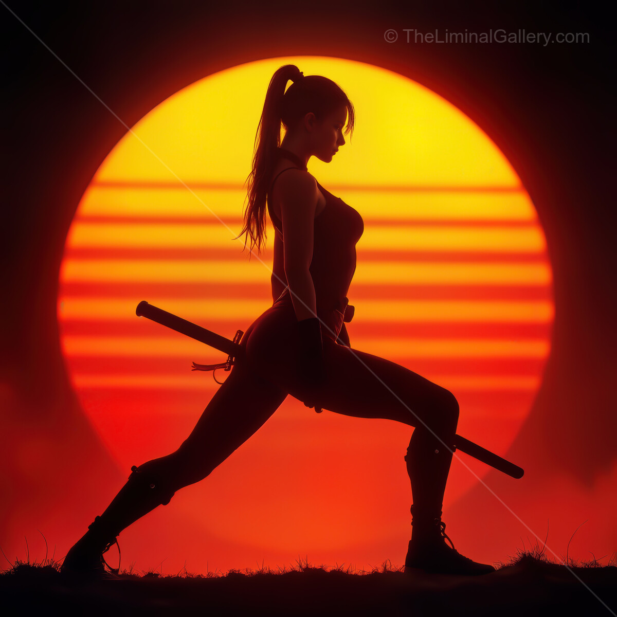 Silhouette warrior poised against a synthwave sunset with vibrant orange and pink hues