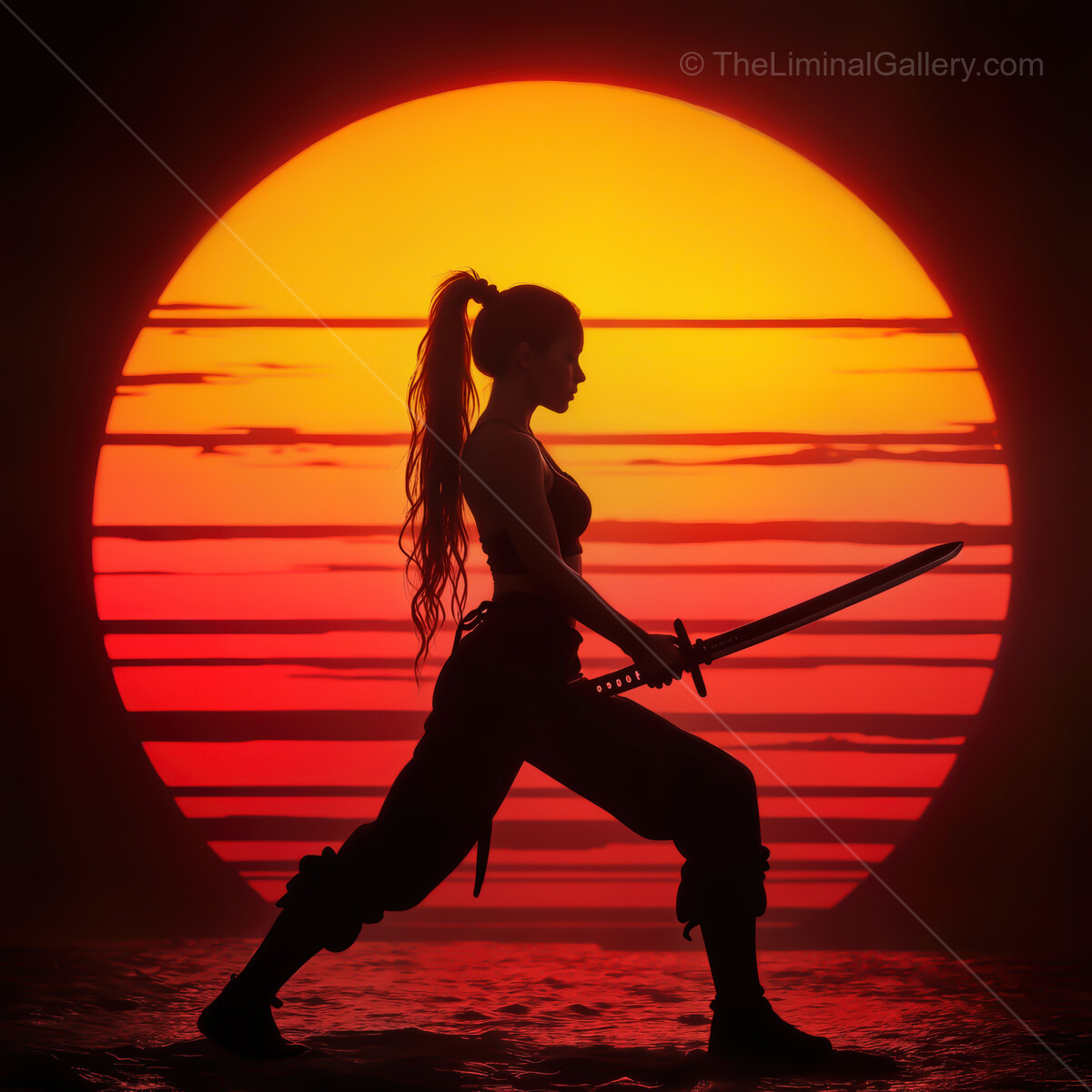 Stunning synthwave sunset illuminates a warrior in silhouette, poised for action against vibrant hues of orange and pink