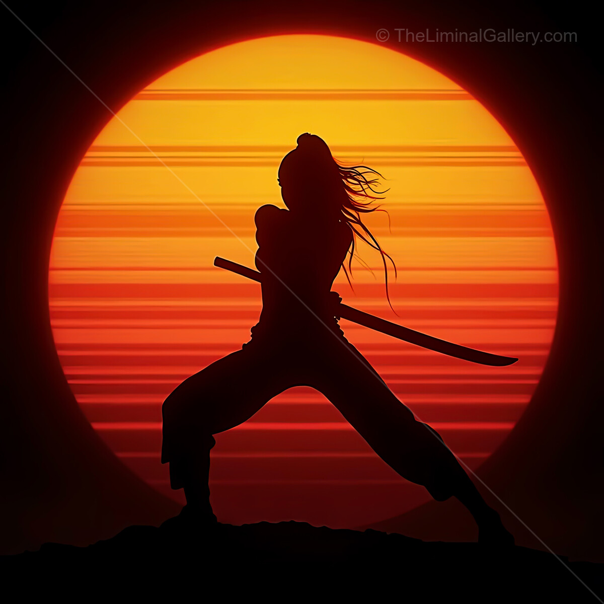 Warrior silhouette against a vibrant synthwave sunset glowing with warm hues and retro lines in the sky