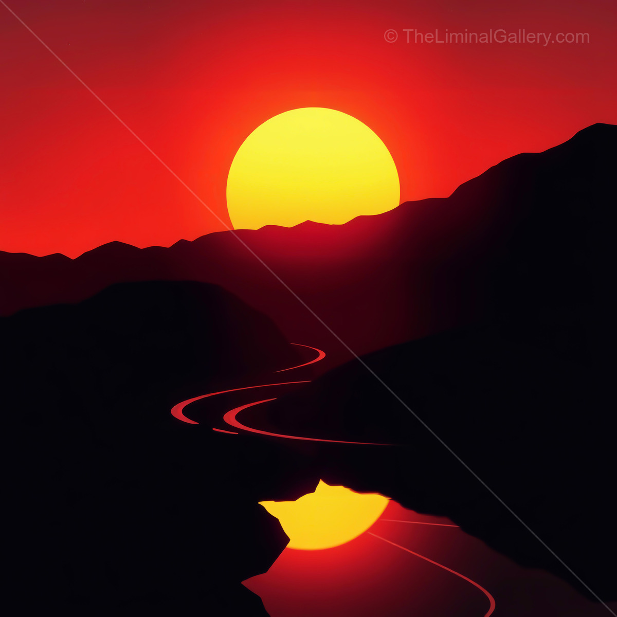 Majestic sunset reflecting over a winding river in tranquil mountains at dusk