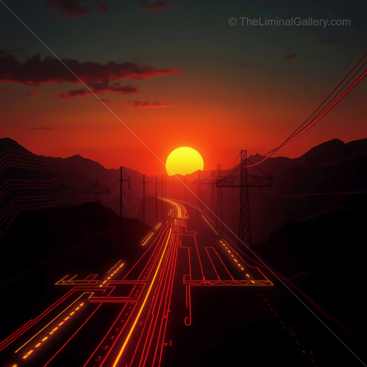 Vibrant sunset casting warm hues over a winding road with electric lines in a mountainous landscape