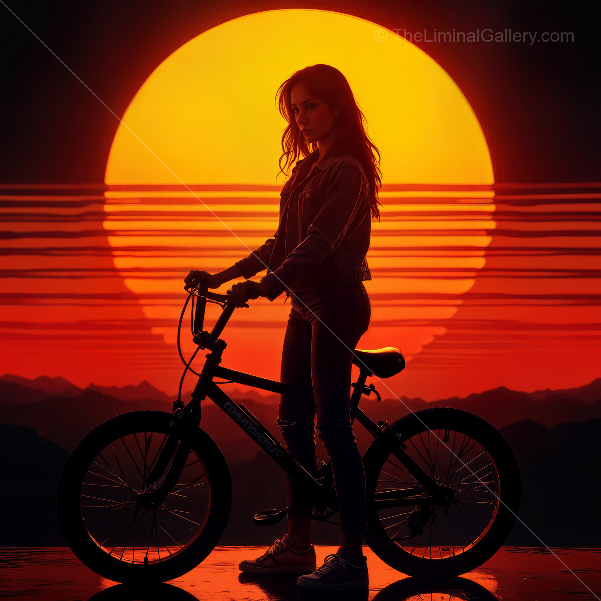 Bicycle ride at synthwave sunset, capturing the essence of nostalgia and adventure in a vibrant, surreal landscape