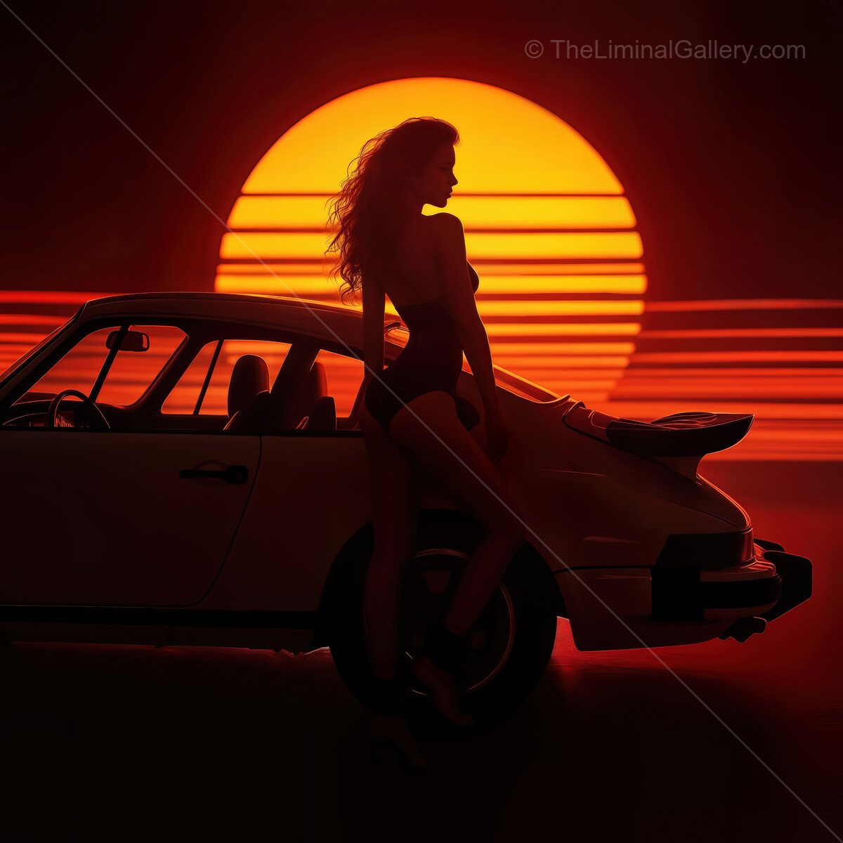 Vibrant synthwave sunset casting golden hues over a retro car and silhouette of a woman in a dreamy cityscape