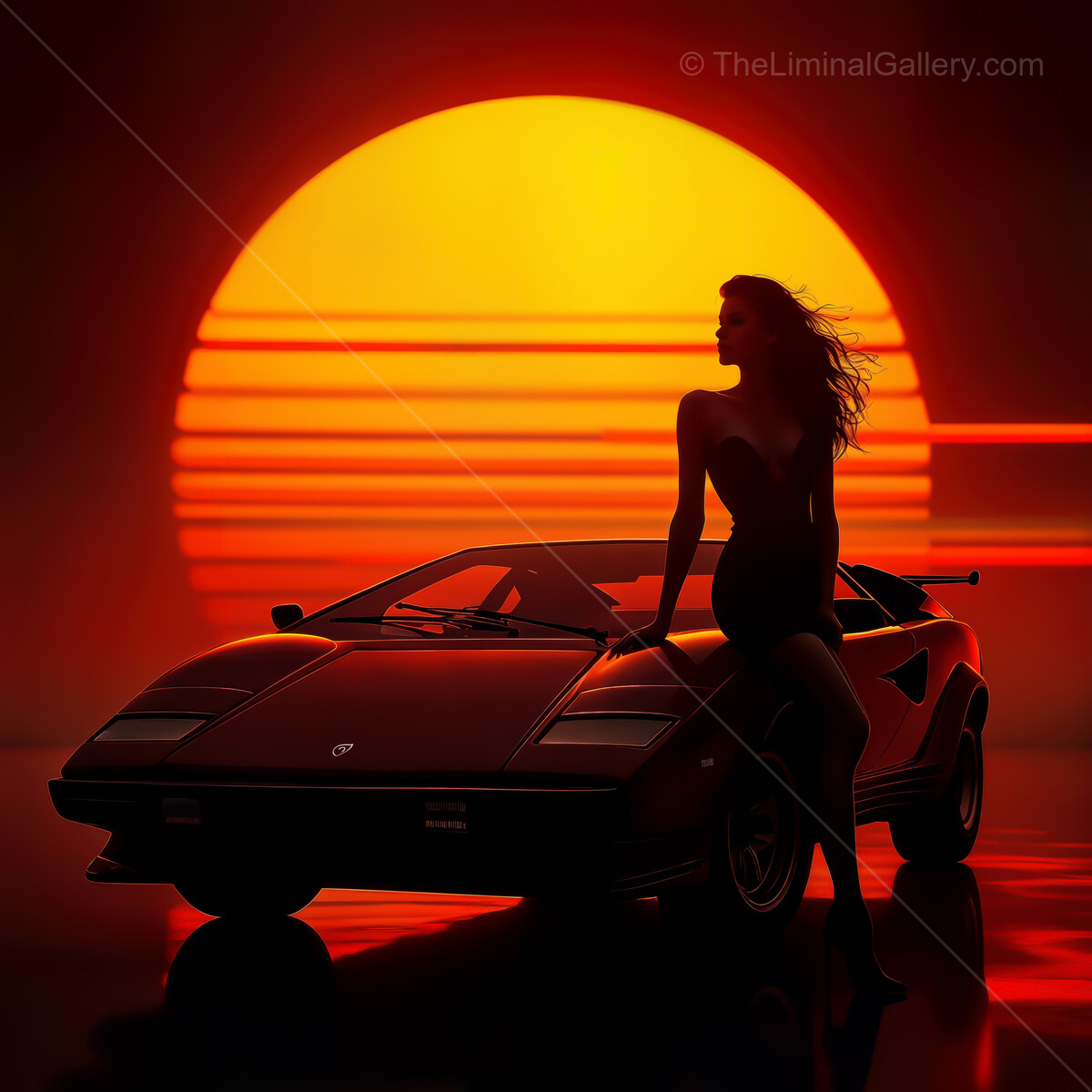 Synthwave sunset scene with a classic car and a silhouette of a woman against a vibrant orange backdrop
