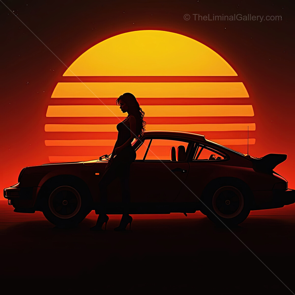 Silhouette of a woman beside a retro car at a vibrant synthwave sunset