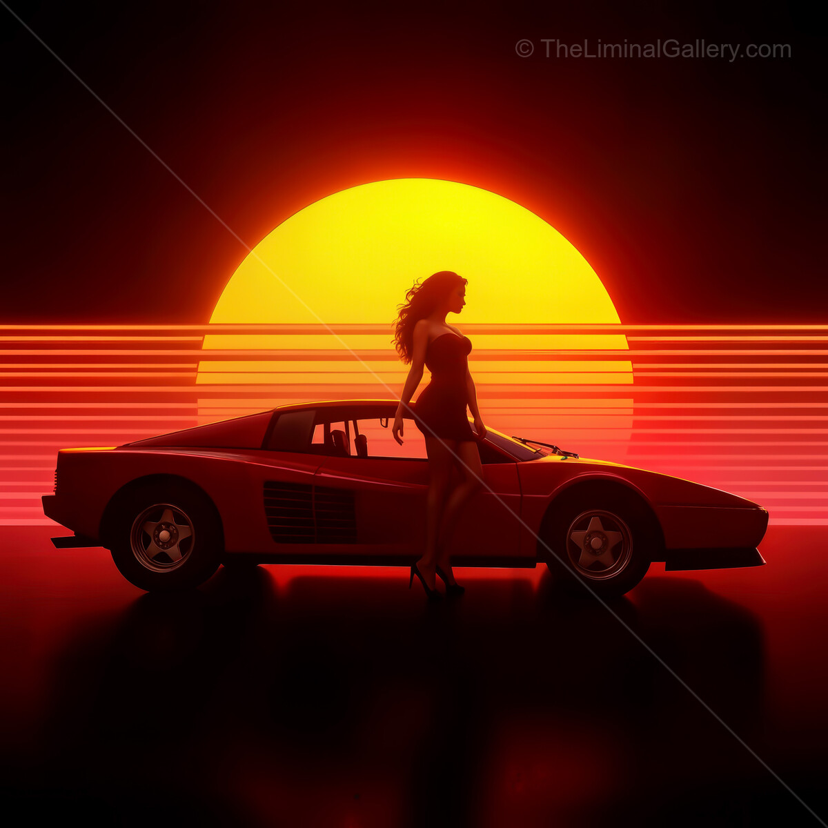 Synthwave sunset scene featuring a sleek car and an elegant silhouette against a glowing horizon