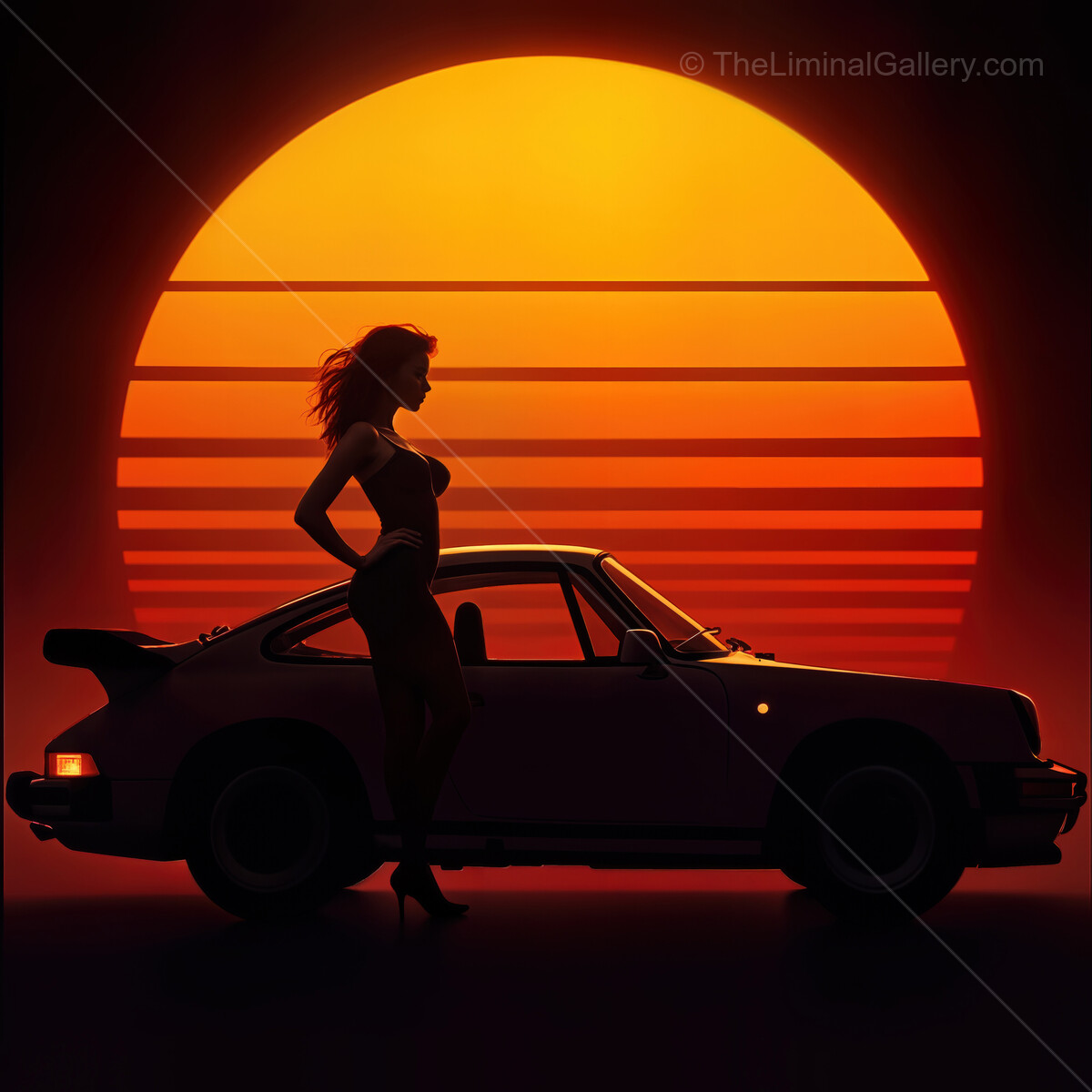Vibrant synthwave sunset illuminates a silhouette of a woman next to a classic sports car in a dreamlike cityscape