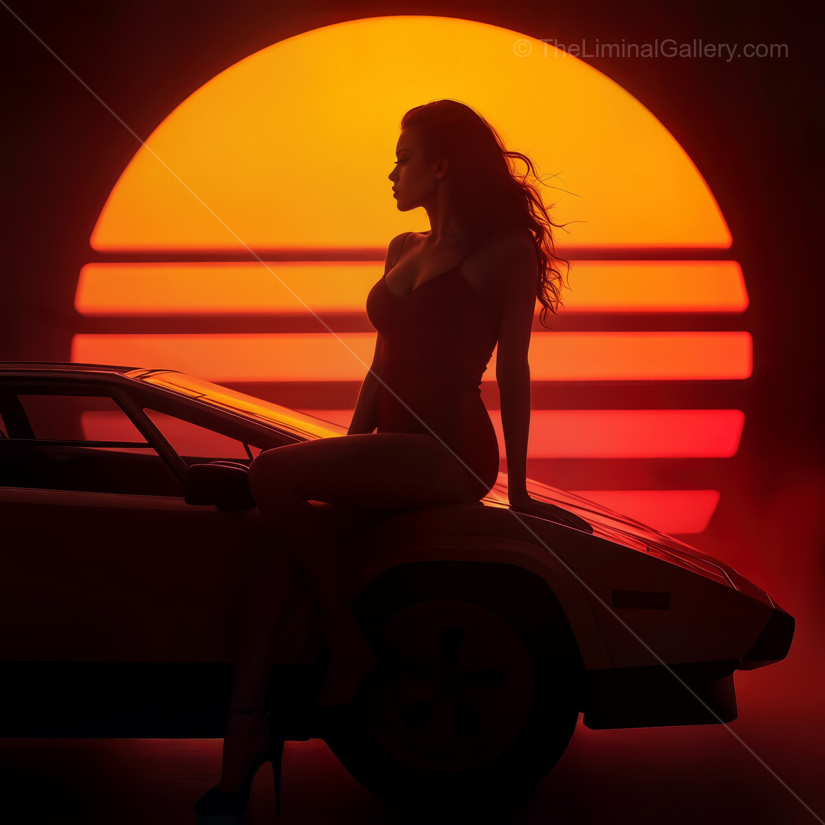 Exploring the neon horizon: A synthwave sunset with a vintage car and a silhouette