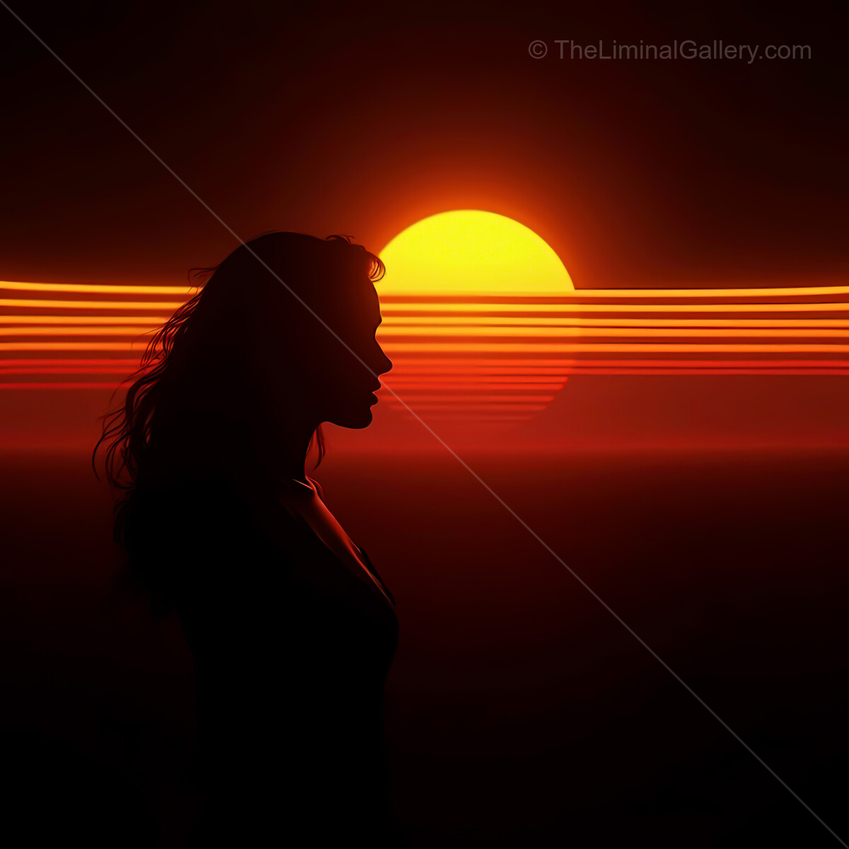 Vibrant synthwave sunset with silhouette against glowing horizon