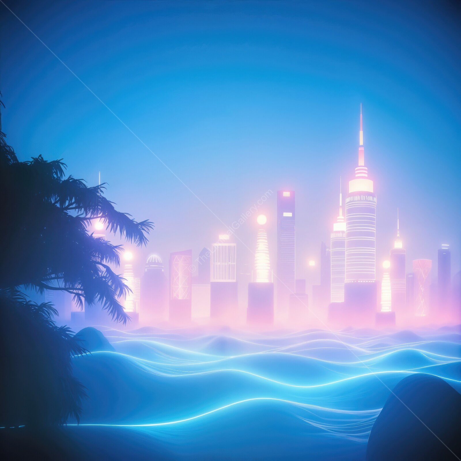 Vibrant 80s city skyline illuminated by neon lights under a hazy twilight sky near calm waters