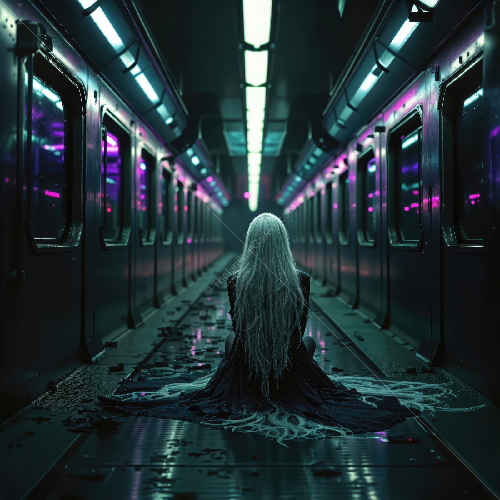 Mystical figure sits in an abandoned subway station illuminated by neon lights