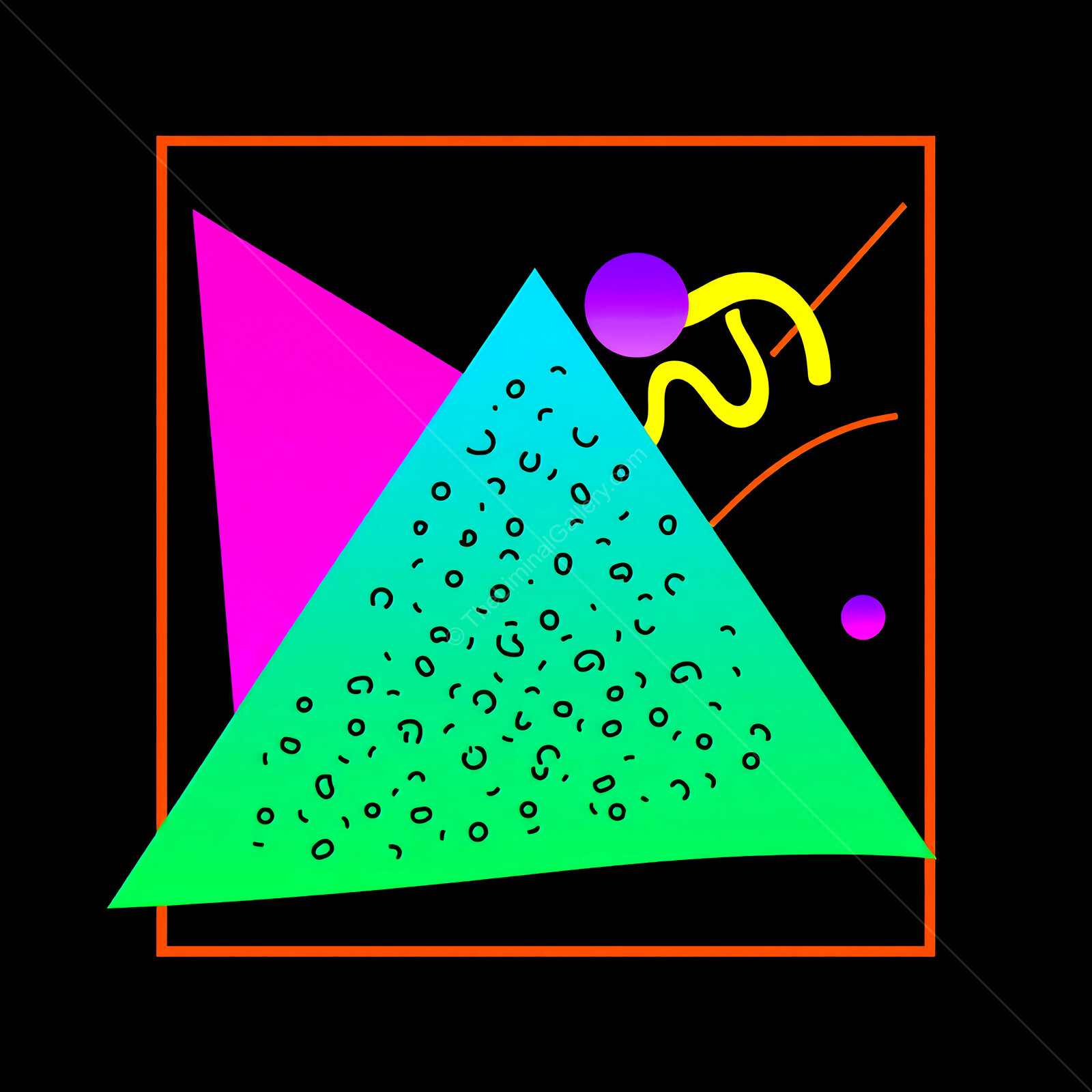 Vibrant 80s Memphis geometric shapes create an abstract design with bold colors and playful elements in modern art style