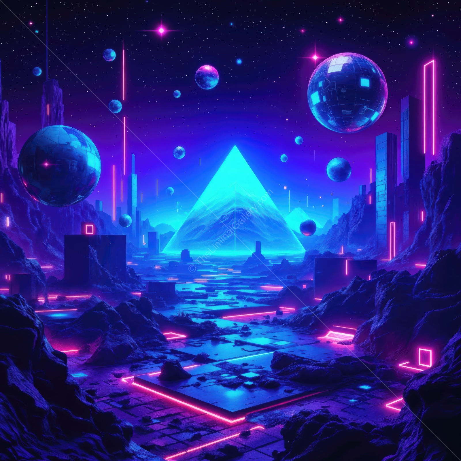 Vibrant alien landscape featuring neon lights and cosmic elements under a starry sky