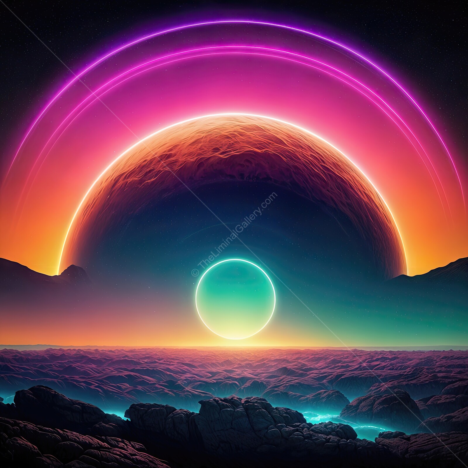Stunning synthwave cosmic landscape showcasing vibrant colors on an alien planet at twilight