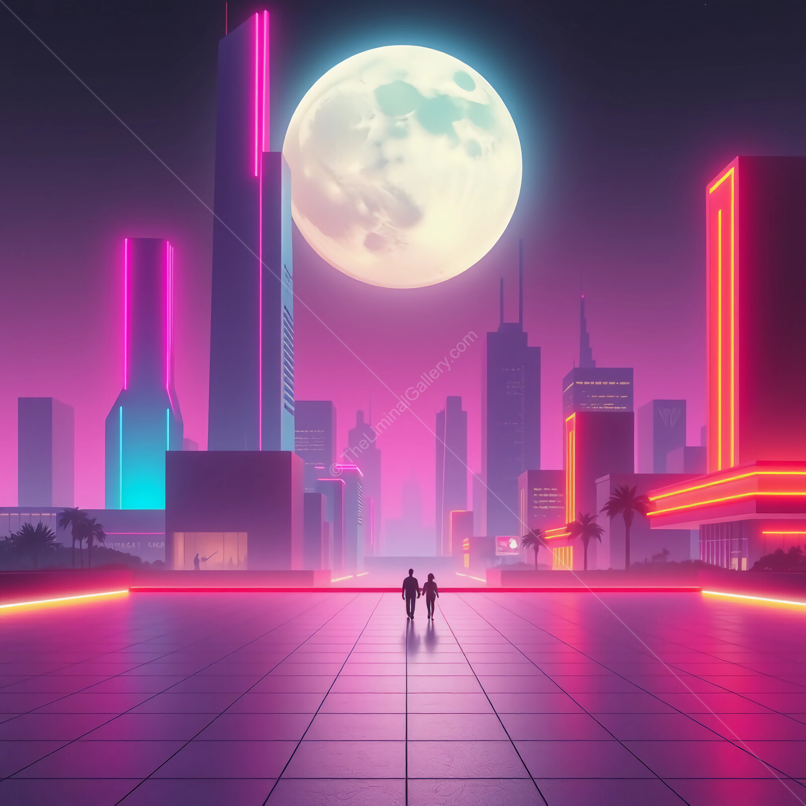 Bright synthwave neon skyline under a glowing moon showcases a futuristic cityscape at night
