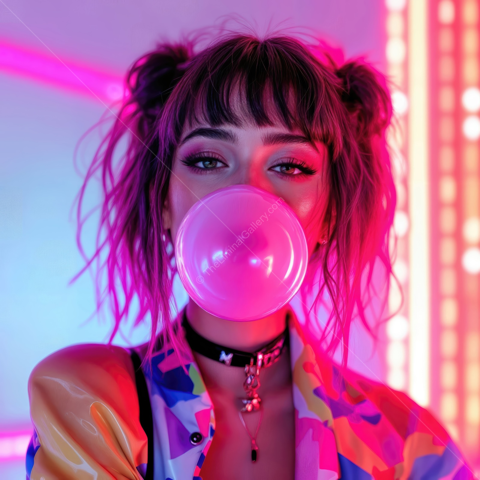 Bold fashion statement with bubble gum in vibrant neon lights