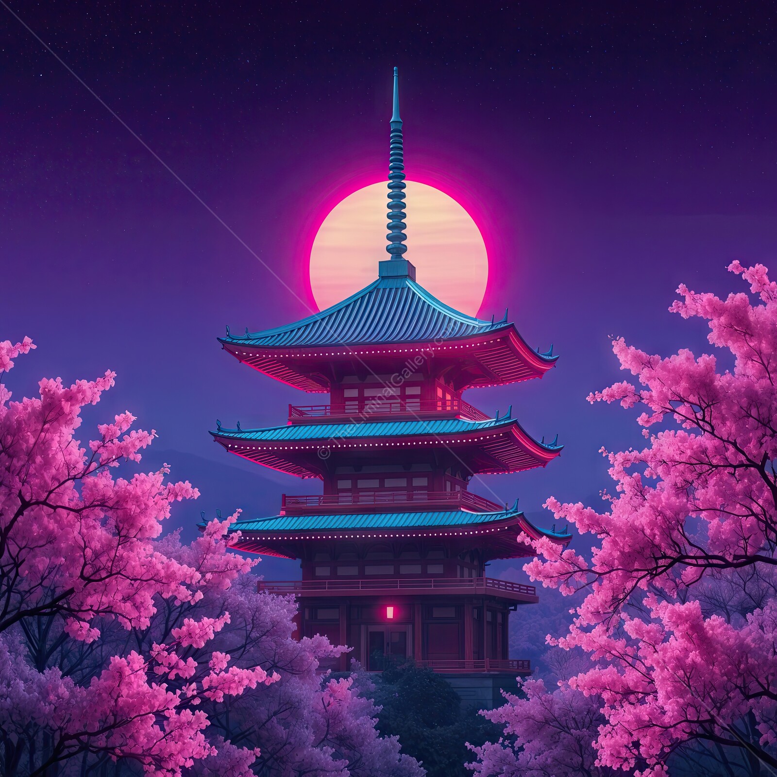Captivating cherry blossoms surround a serene pagoda under a glowing moonlit sky at twilight