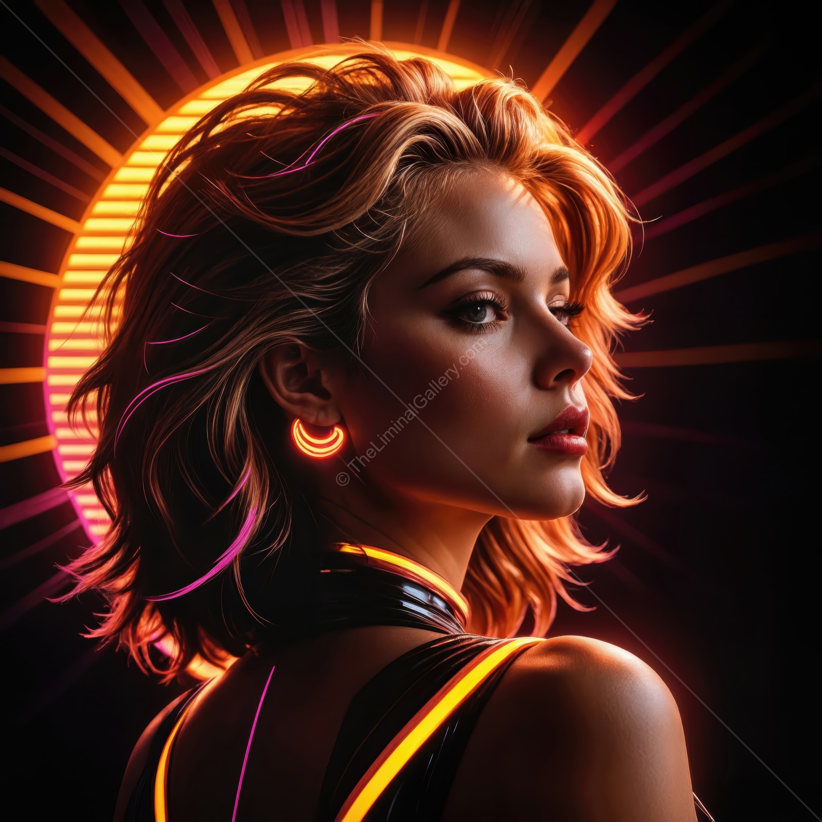 Captivating woman with glowing hair under radiant neon light in a futuristic setting at dusk