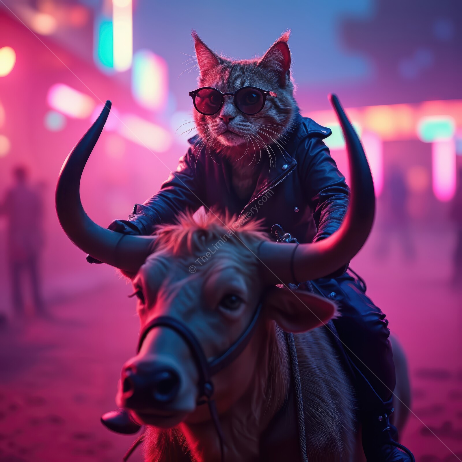 Cool cat rides warm-hearted bull through vibrant neon carnival at twilight