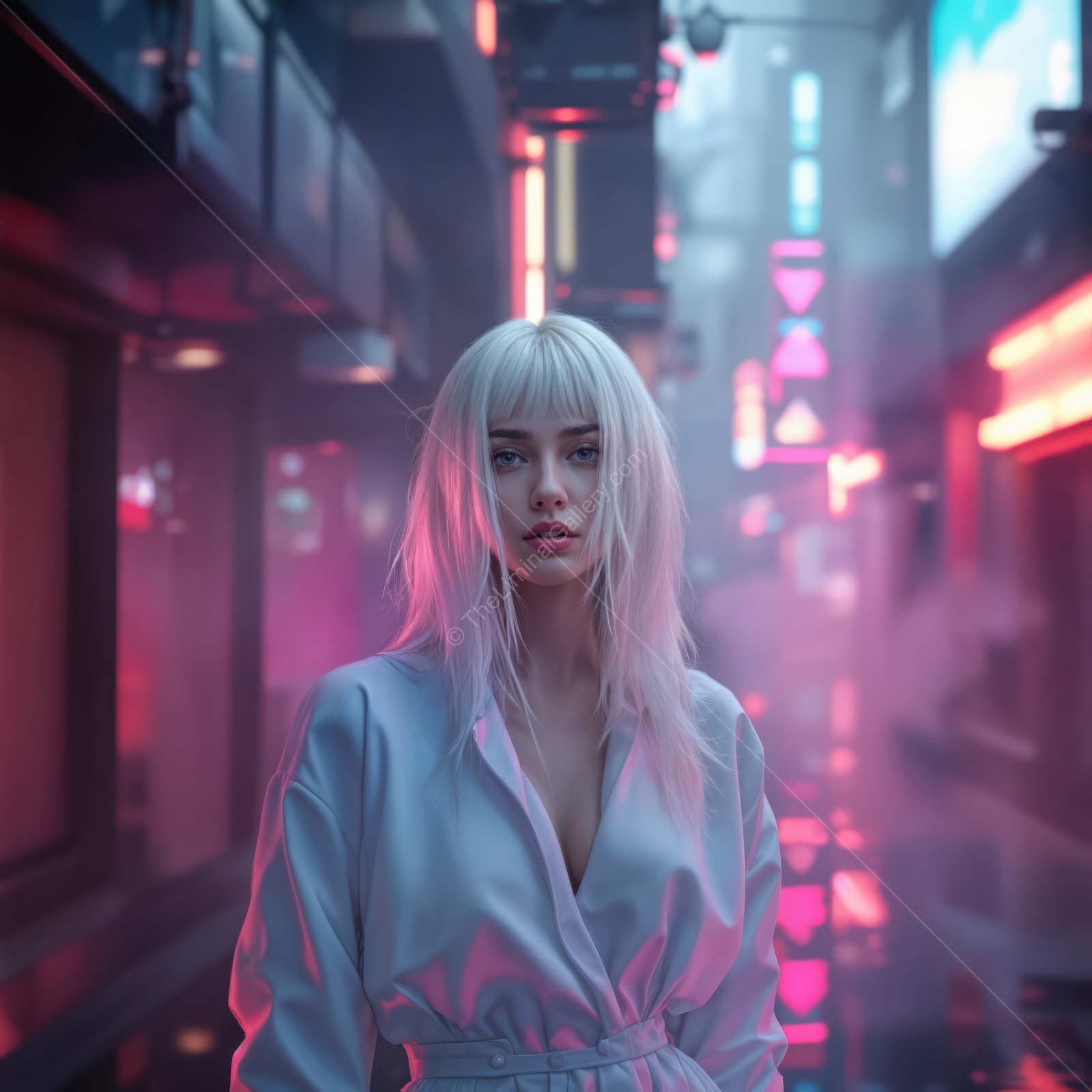 Vibrant city alley with neon lights illuminating a mysterious figure at dusk