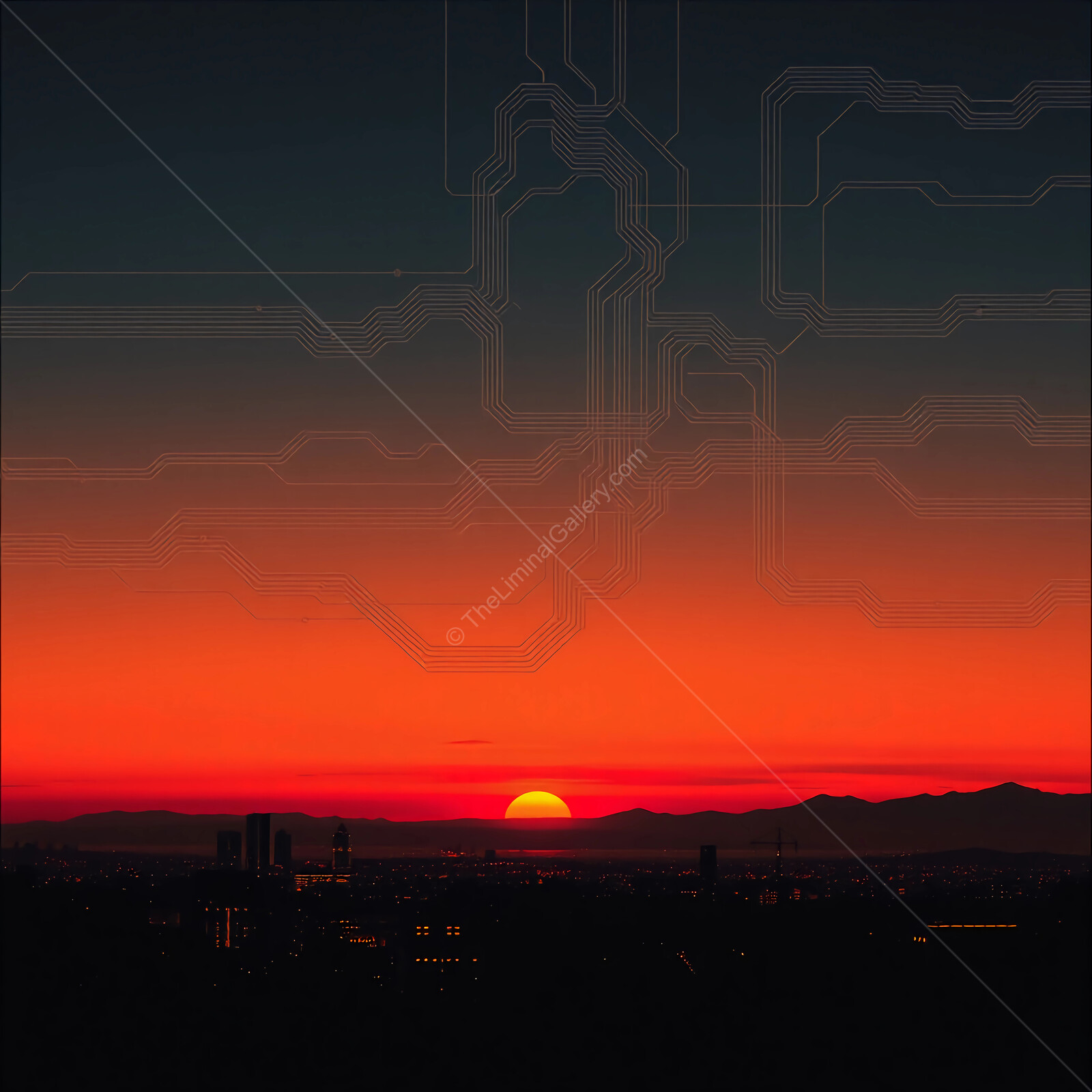 Vibrant sunset over the city skyline with intricate circuit patterns blending technology and nature