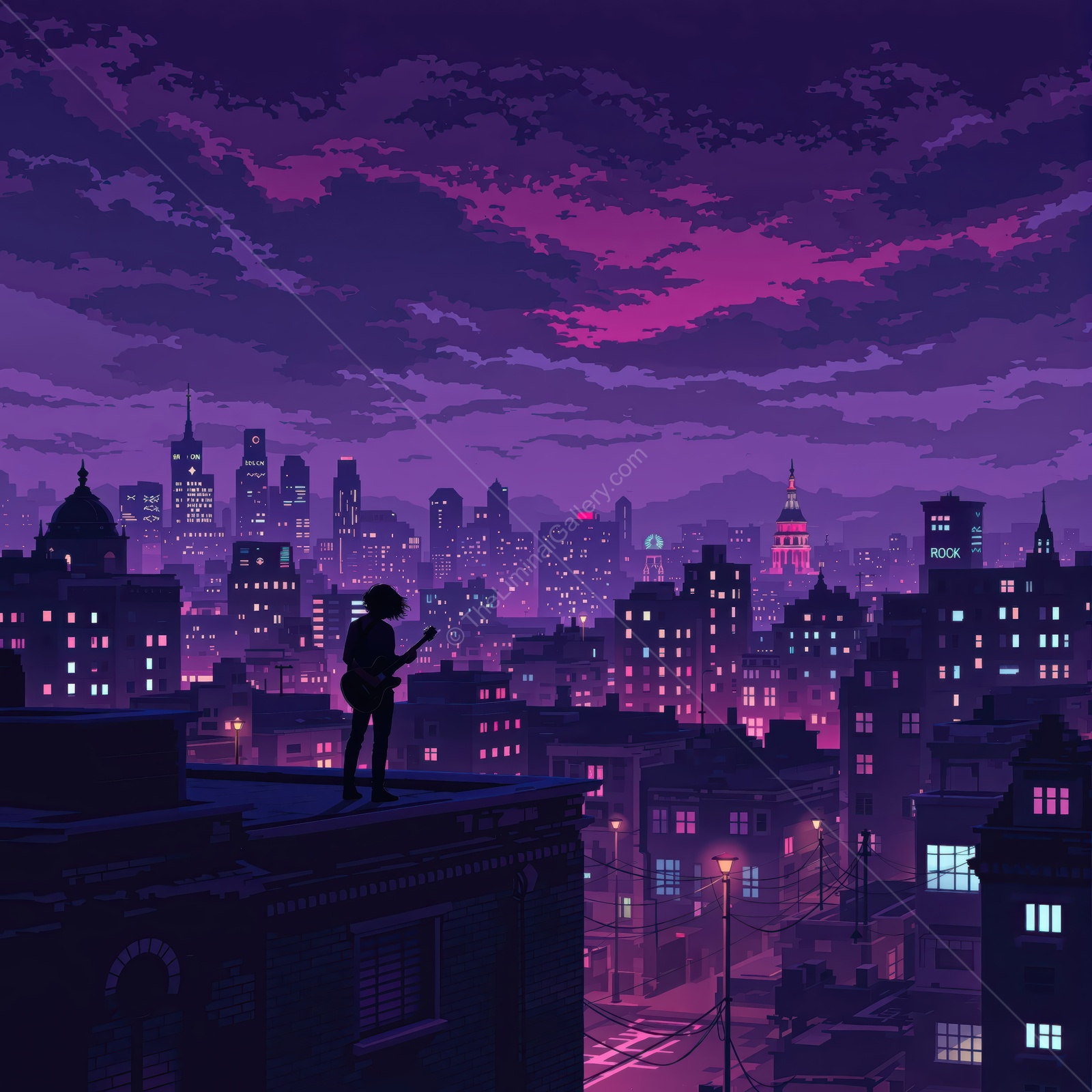 City skyline at twilight with a figure playing guitar on a rooftop