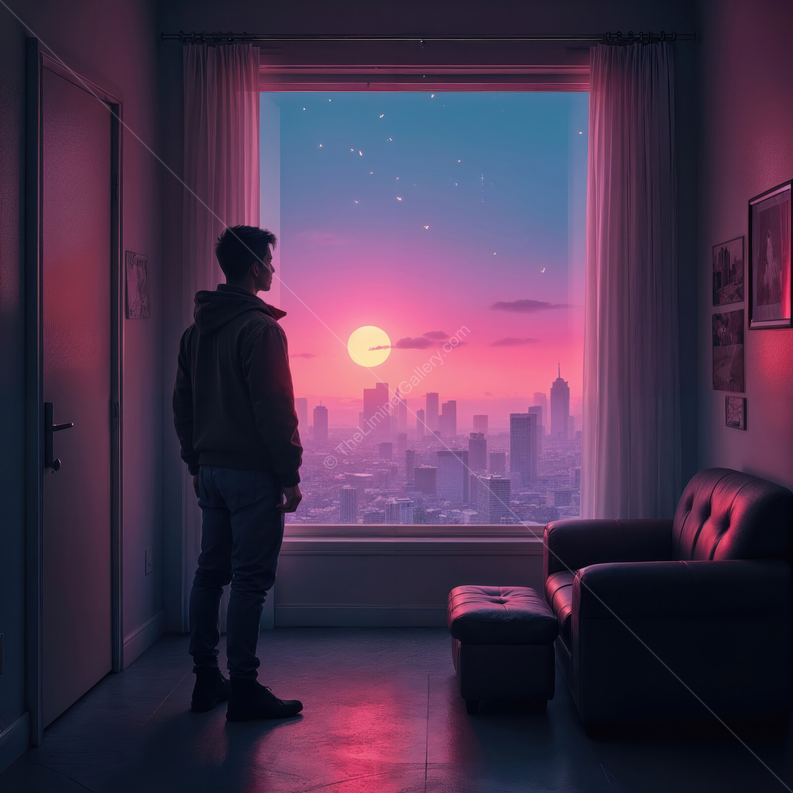 Observing a breathtaking sunset from a cozy apartment with a stunning city skyline at dusk
