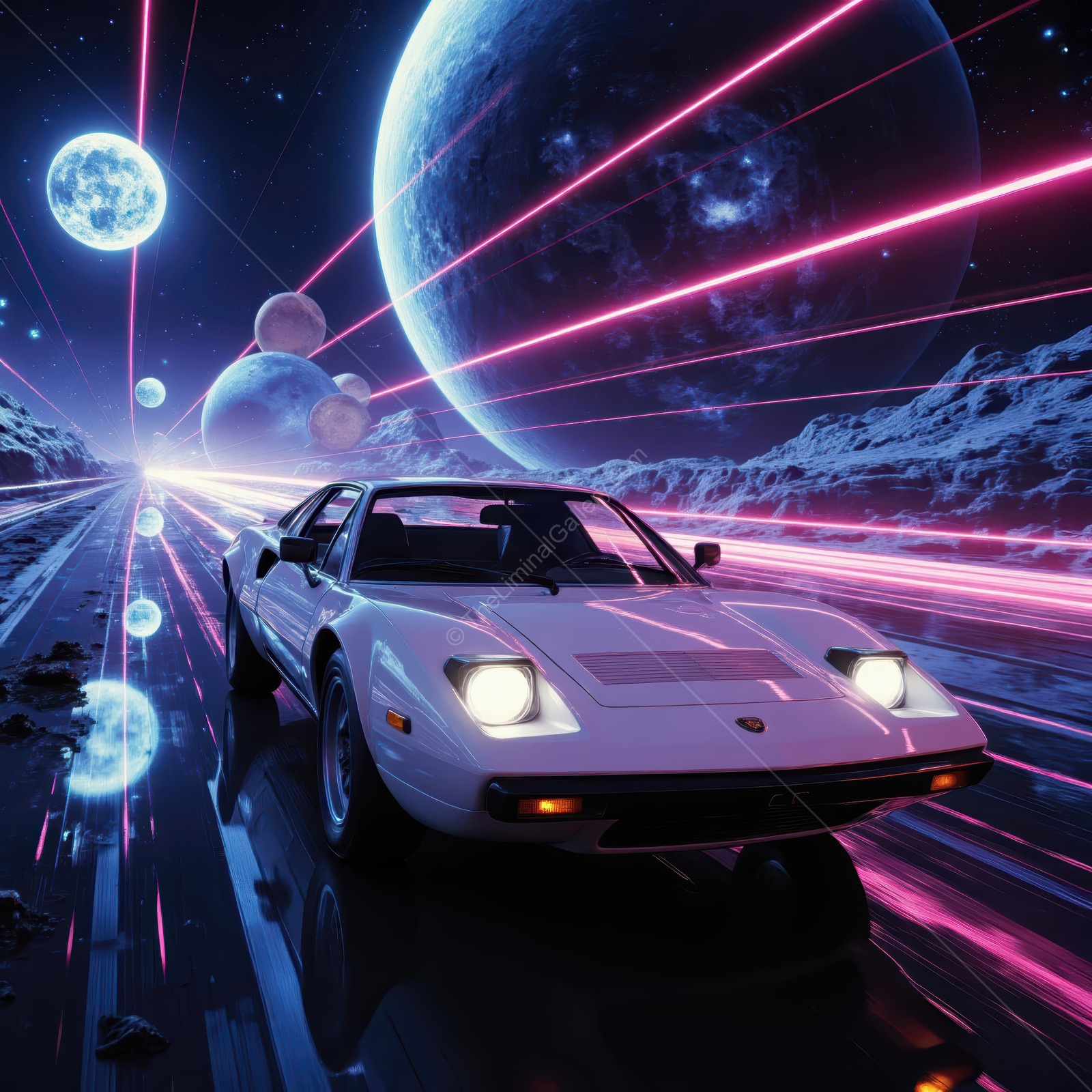 Classic sports car speeds through a surreal cosmic landscape with neon lights and distant planets
