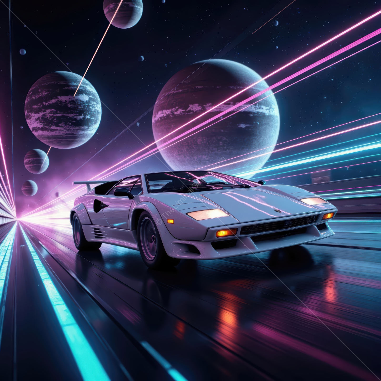 Futuristic racing in a cosmic landscape with neon lights and a classic sports car speeding through space