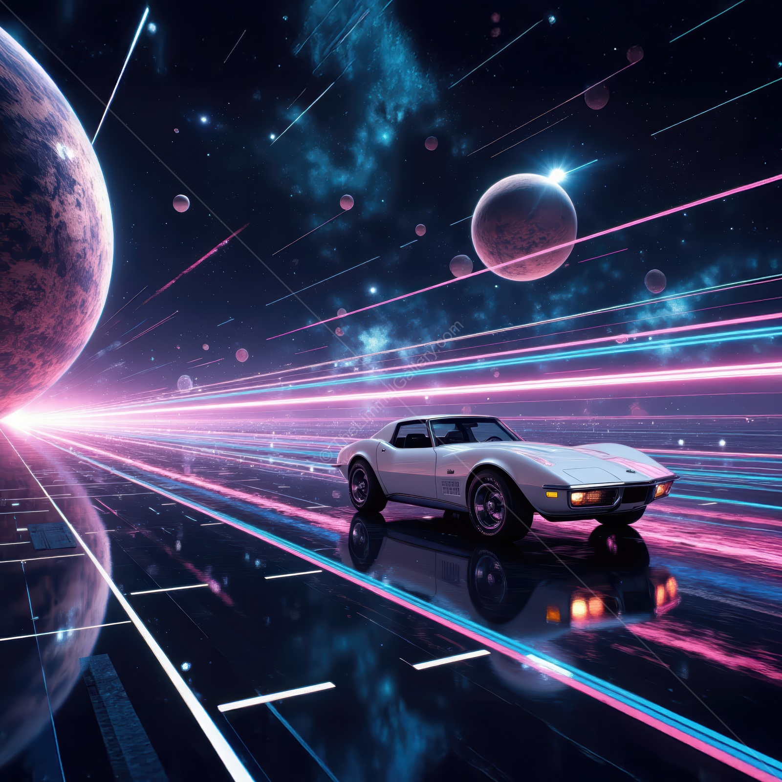 Futuristic drive through a cosmic landscape with a classic car racing towards the stars