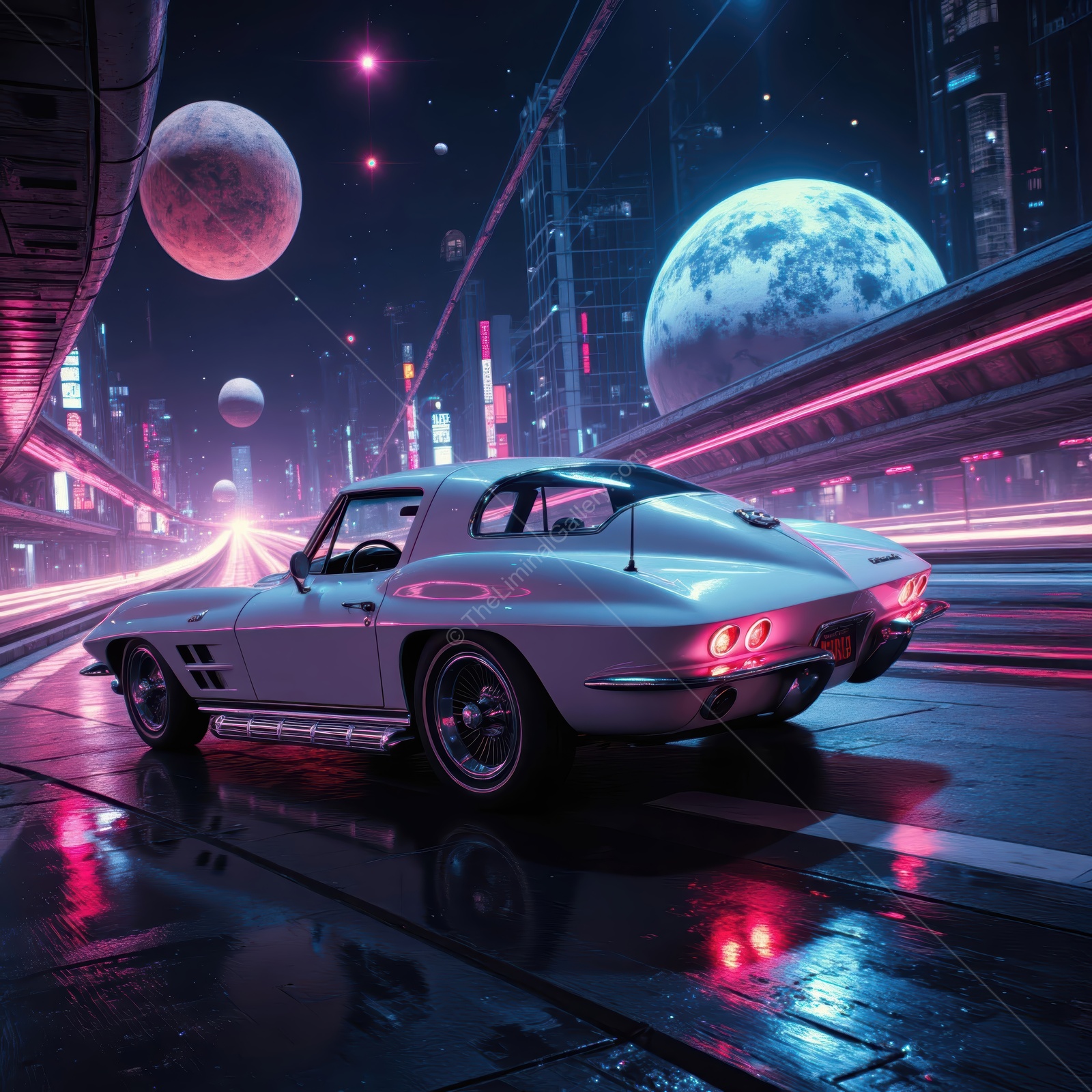Classic car cruising through a futuristic city under cosmic skies at night