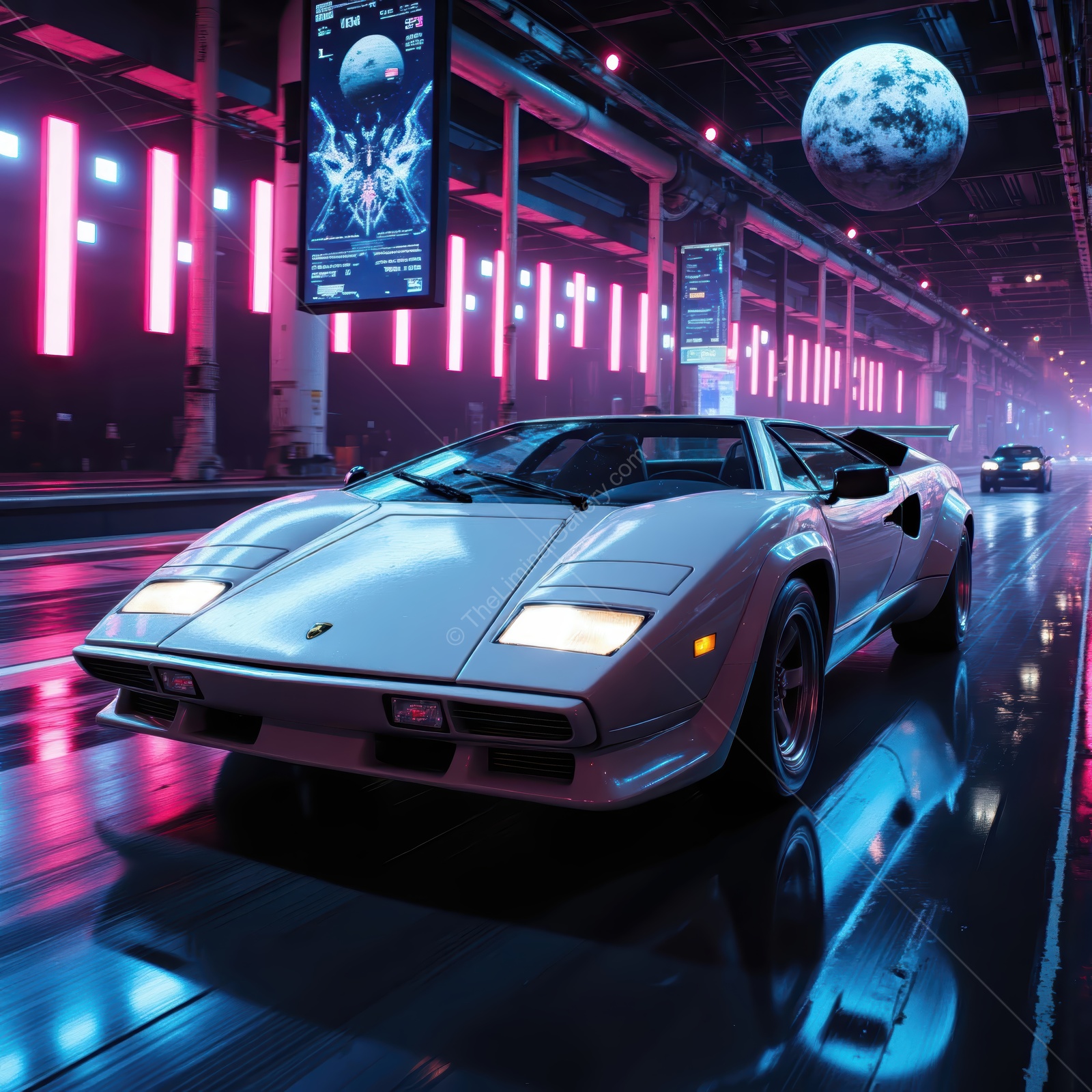 Classic sports car races through futuristic cityscape with vibrant neon lights and a glowing moon overhead