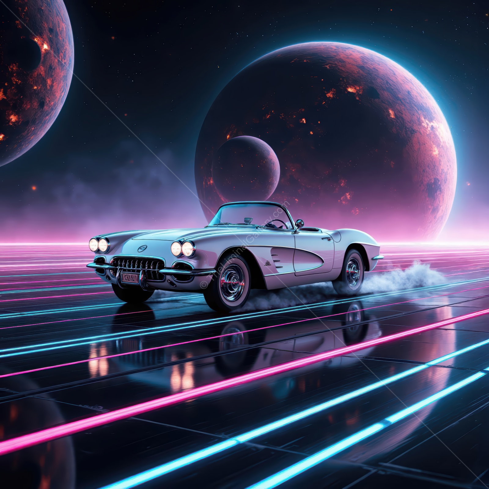 Classic car cruising through a vibrant cosmic landscape with neon lights at night