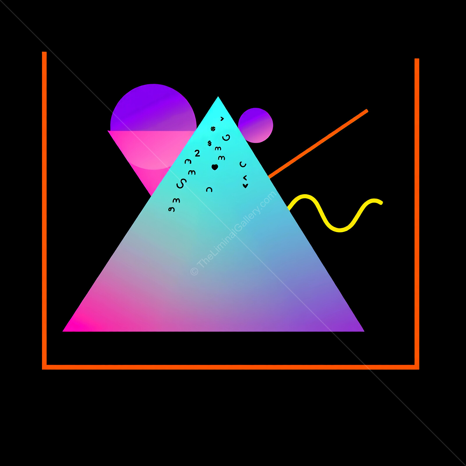 Colorful 80s Memphis geometric shapes create a vibrant abstract composition against a dark background