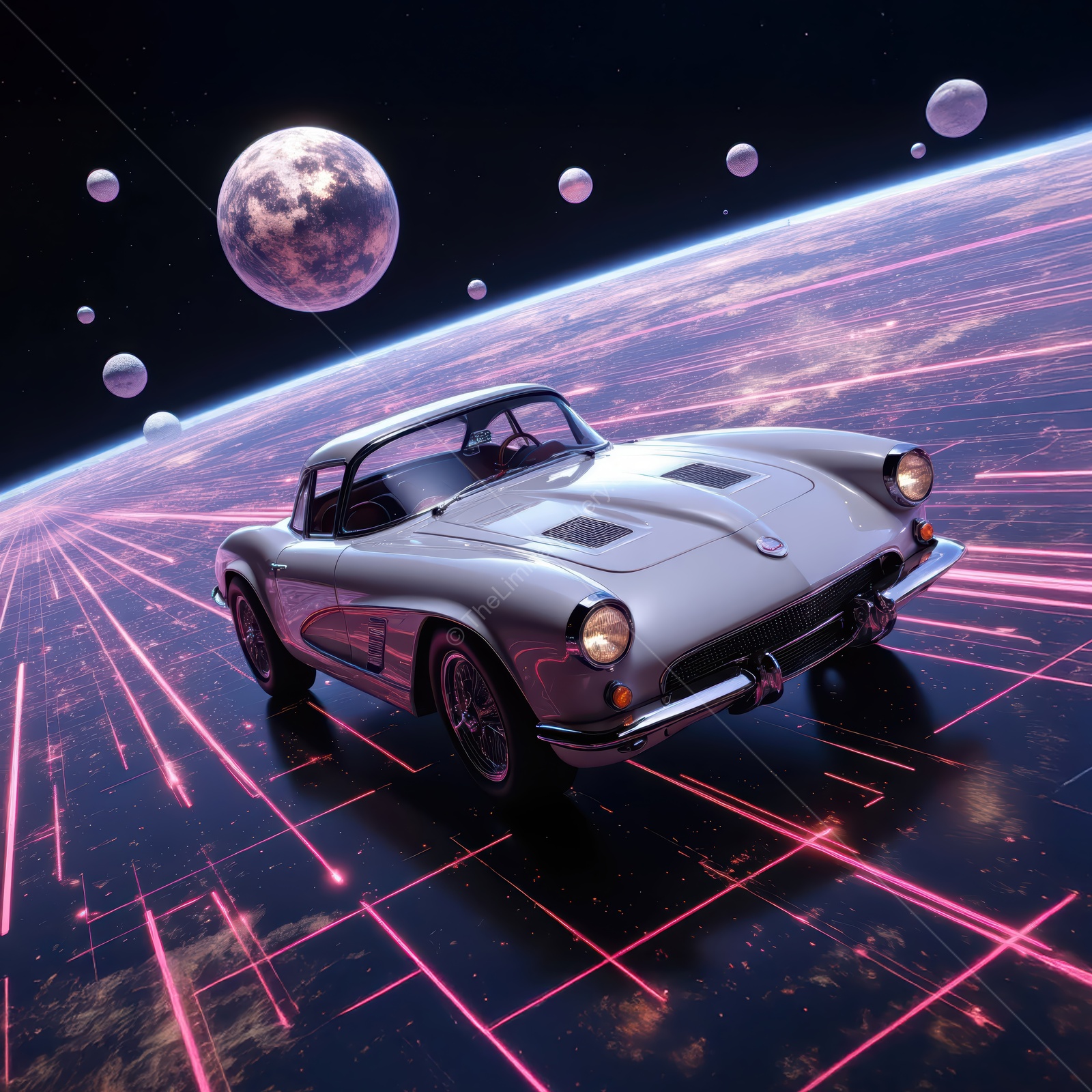 Futuristic car cruising through an otherworldly space landscape with vibrant neon light trails