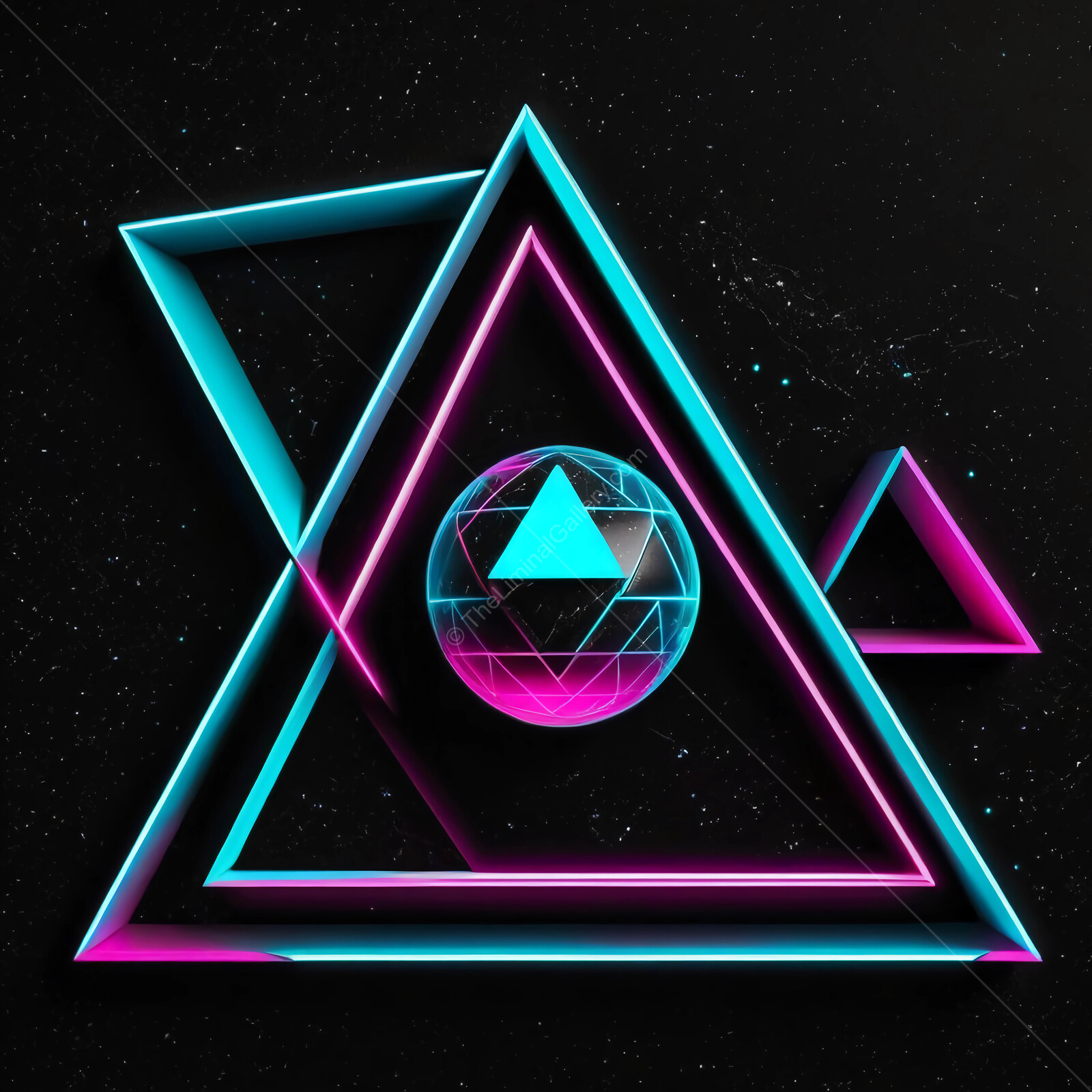 Vibrant 80s geometric shapes illuminate a cosmic background with striking neon colors