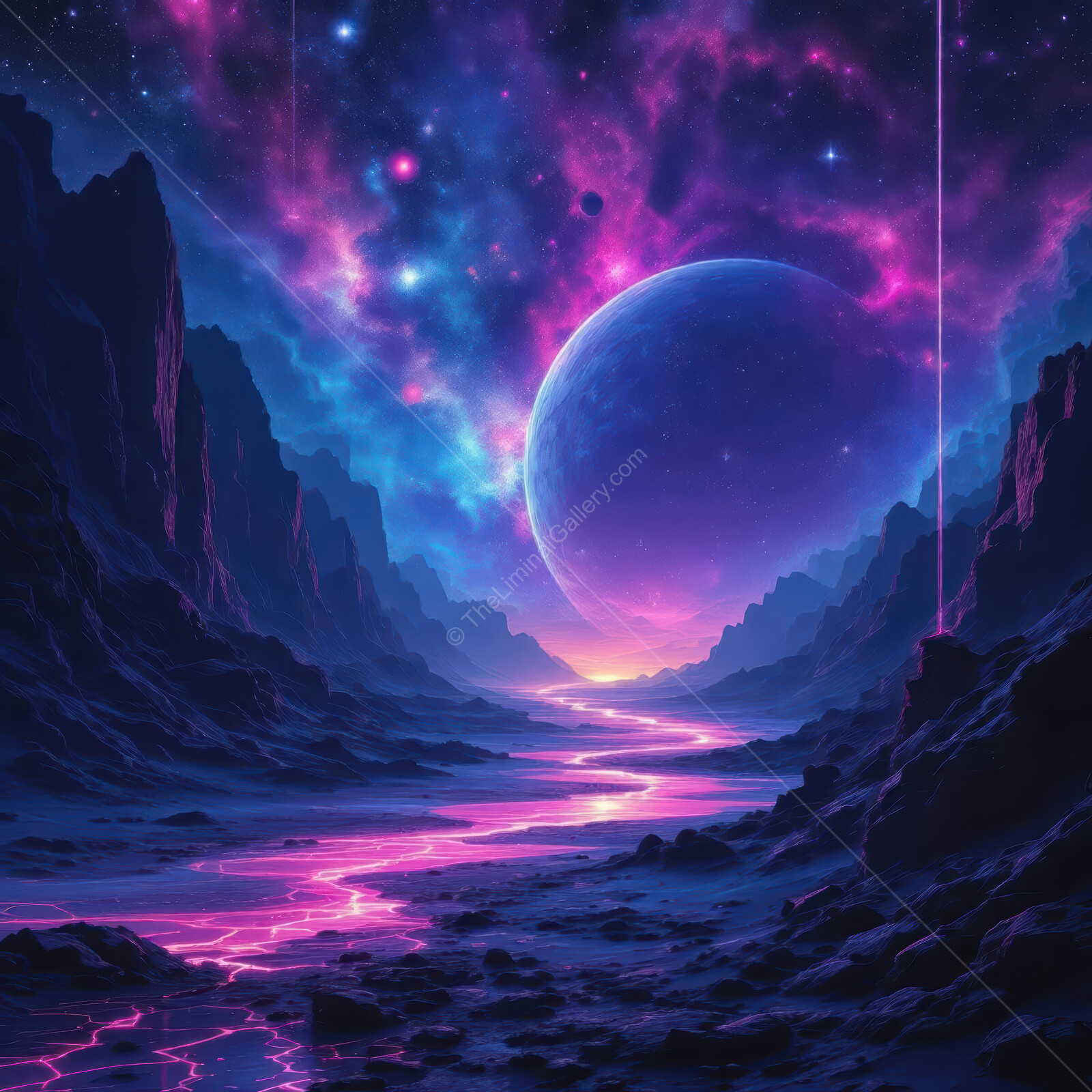 Vibrant cosmic landscape with luminous river and majestic mountains at twilight