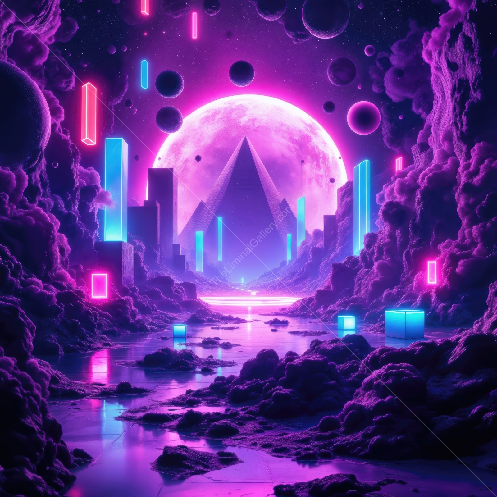 Vibrant cosmic scene with neon colors showcasing pyramids, planets, and reflecting waters