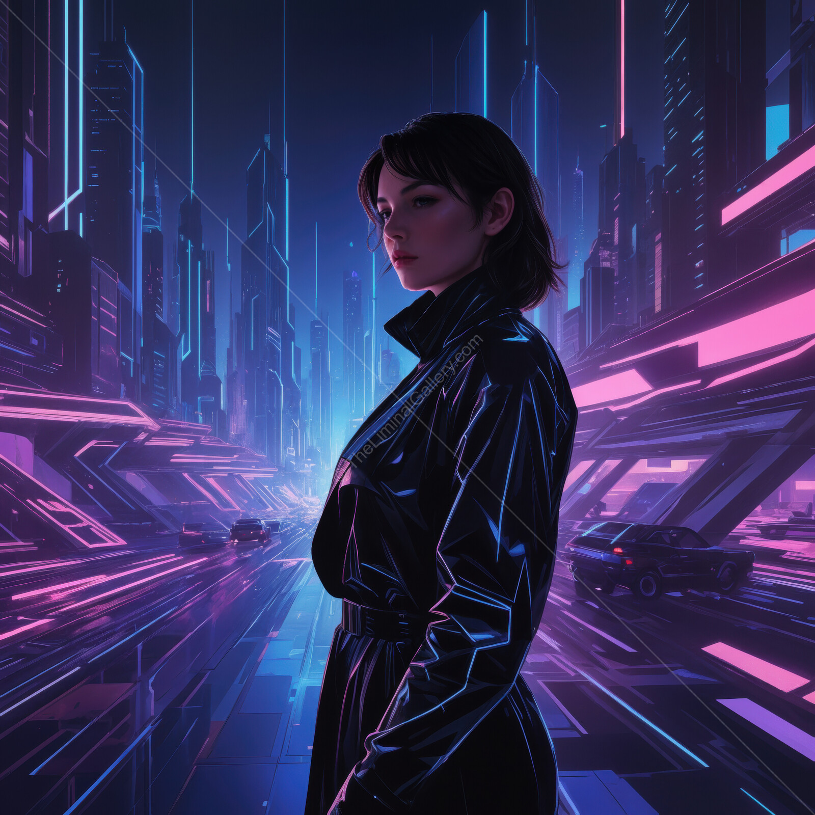 Glistening cyberpunk cityscape at night featuring a mysterious woman