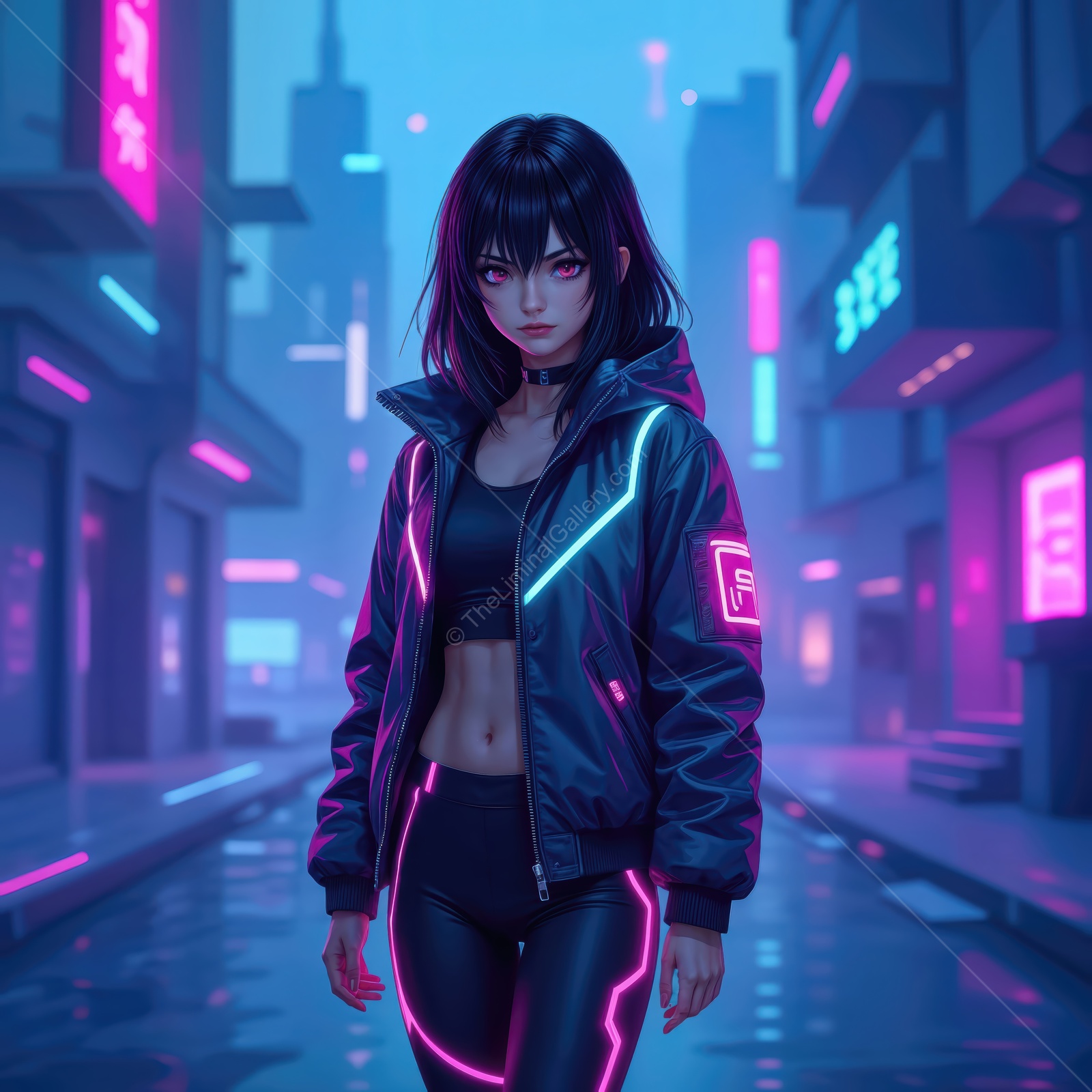 Cyberpunk girl walking through neon-lit streets in a futuristic city at night