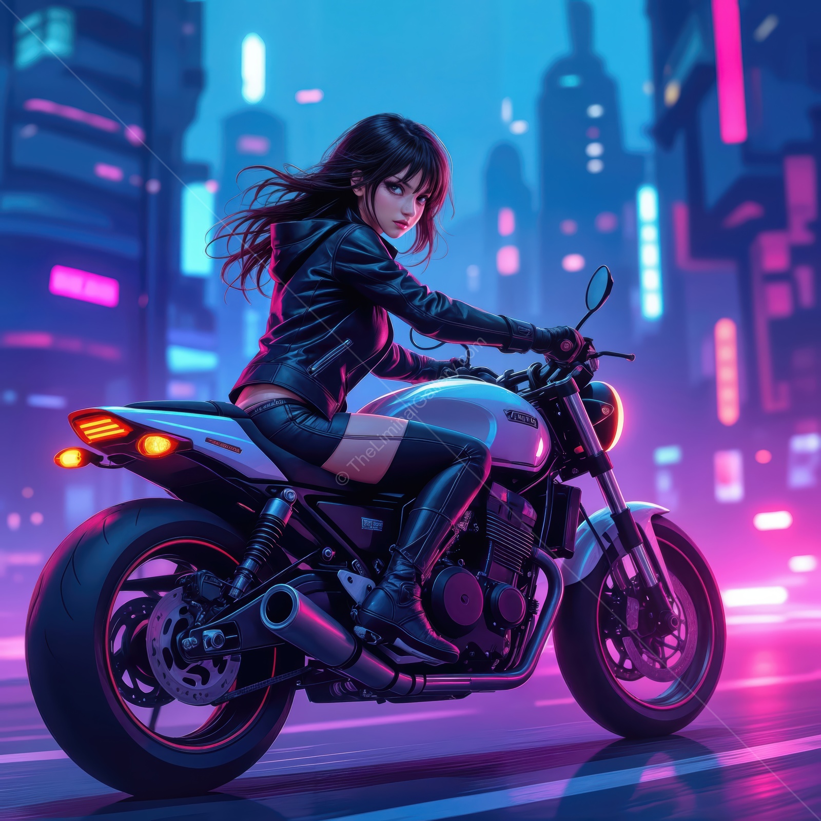 Rider in a cyberpunk cityscape at night, showcasing an urban adventure with neon lights and vibrant energy