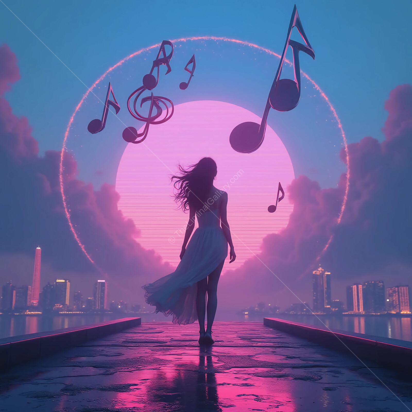 Dancer in a vibrant synthwave twilight cityscape, surrounded by floating musical notes and a radiant full moon