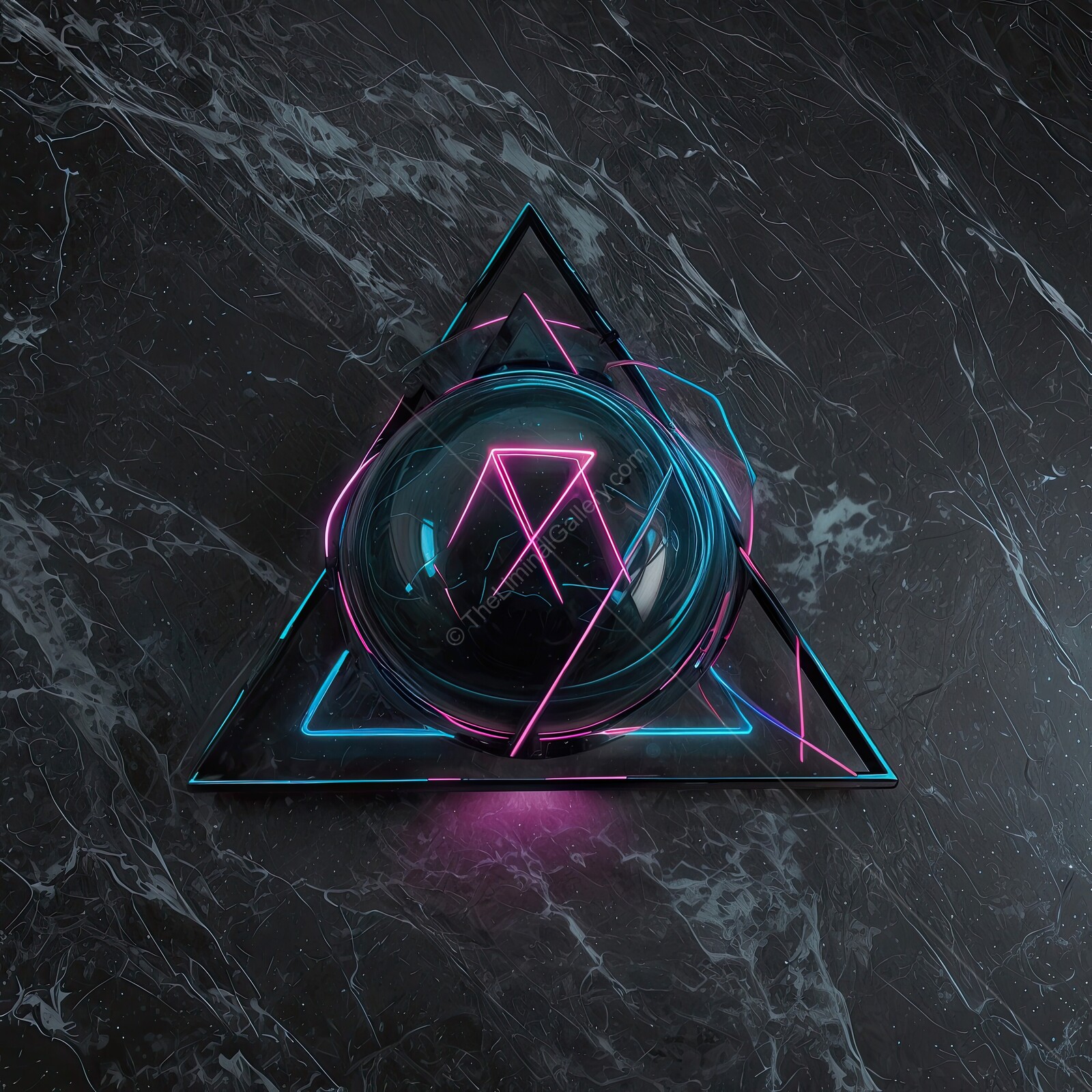 Vibrant 80s geometric design featuring neon glow on a dark marble surface