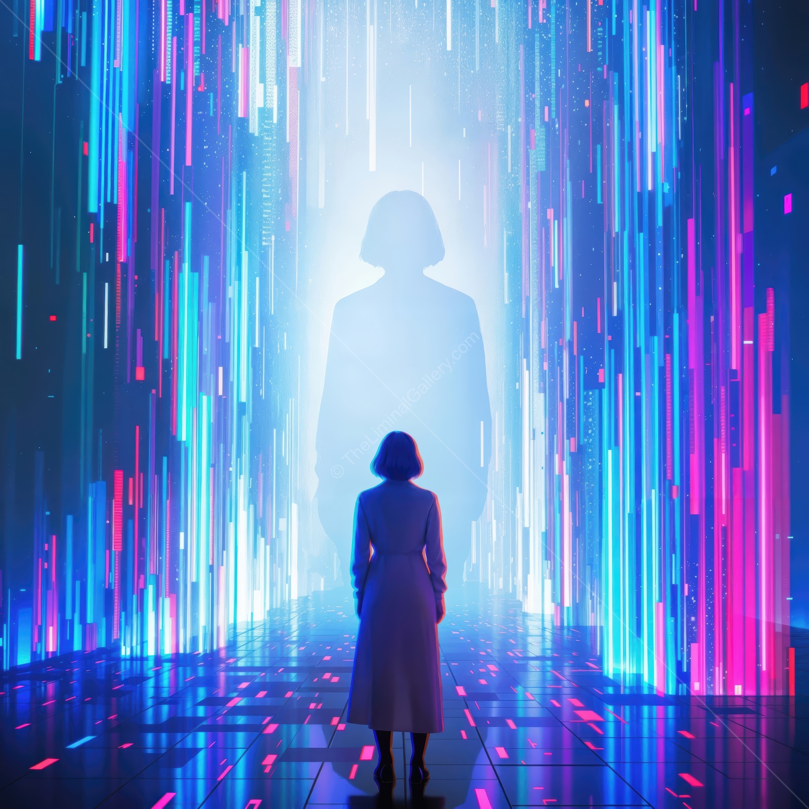 Vibrant digital corridor reveals a mysterious figure in the urban landscape at night