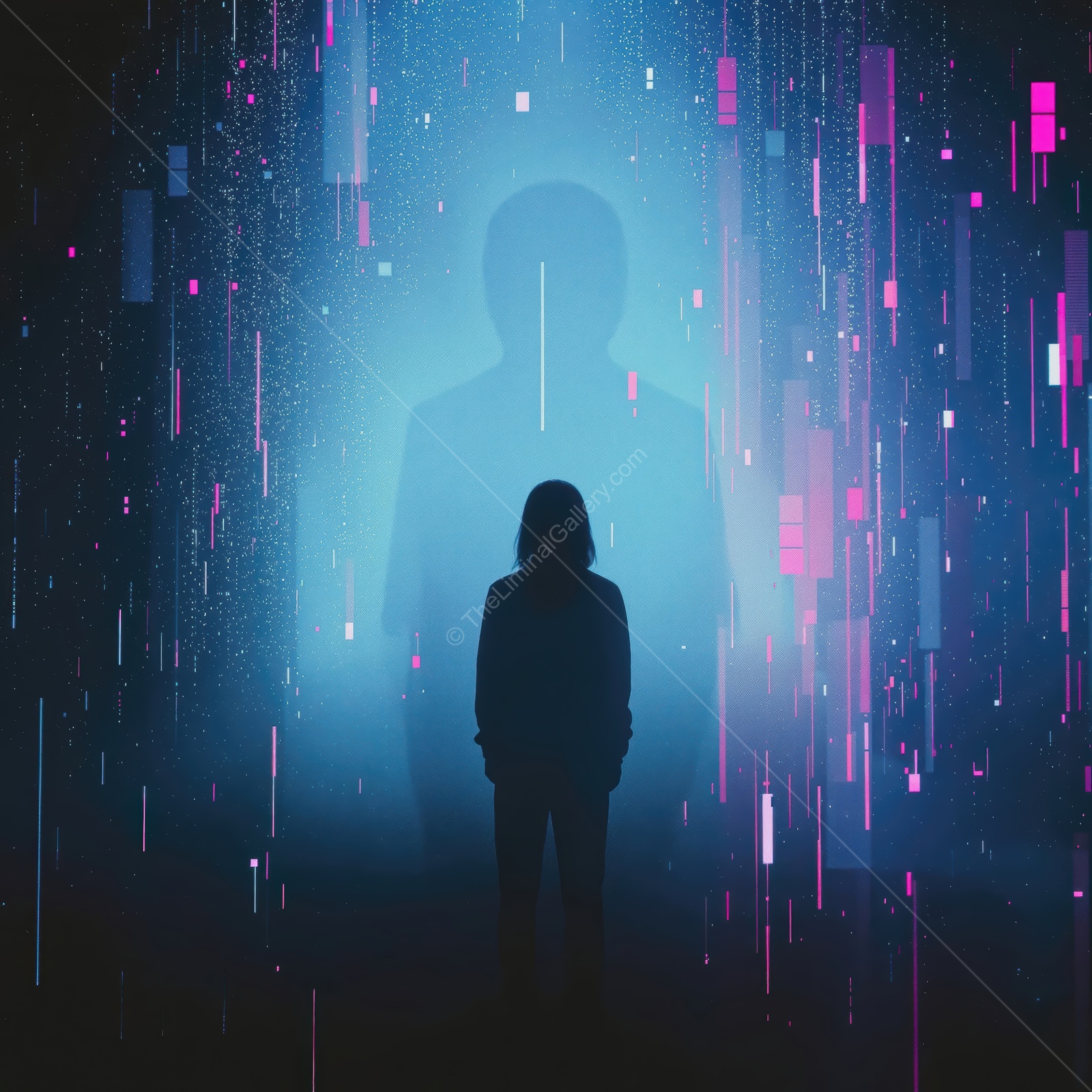 A silhouette stands in a vibrant digital landscape filled with glowing particles and abstract shapes