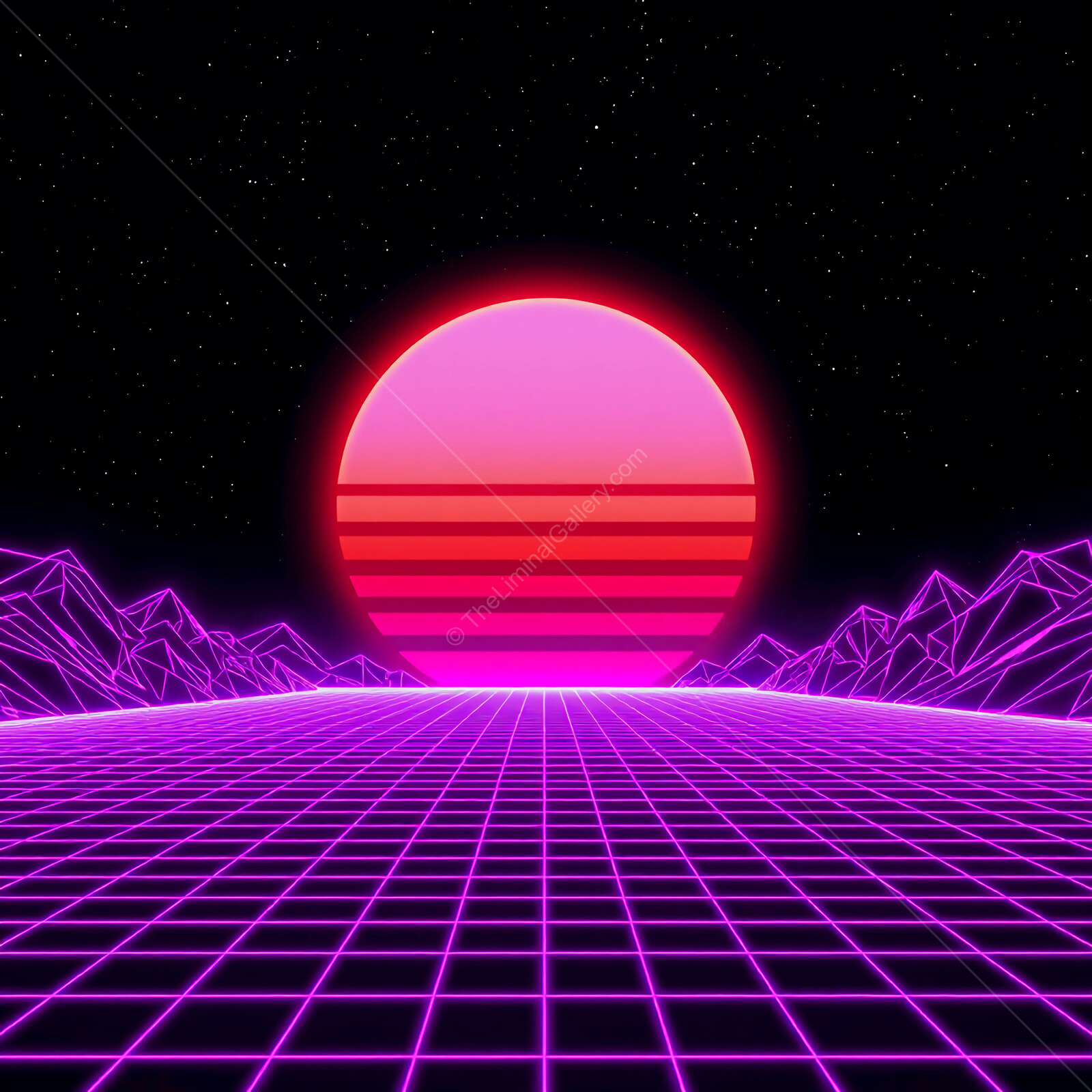 Vibrant sunset over digital mountains fills the night sky with neon colors and geometric patterns