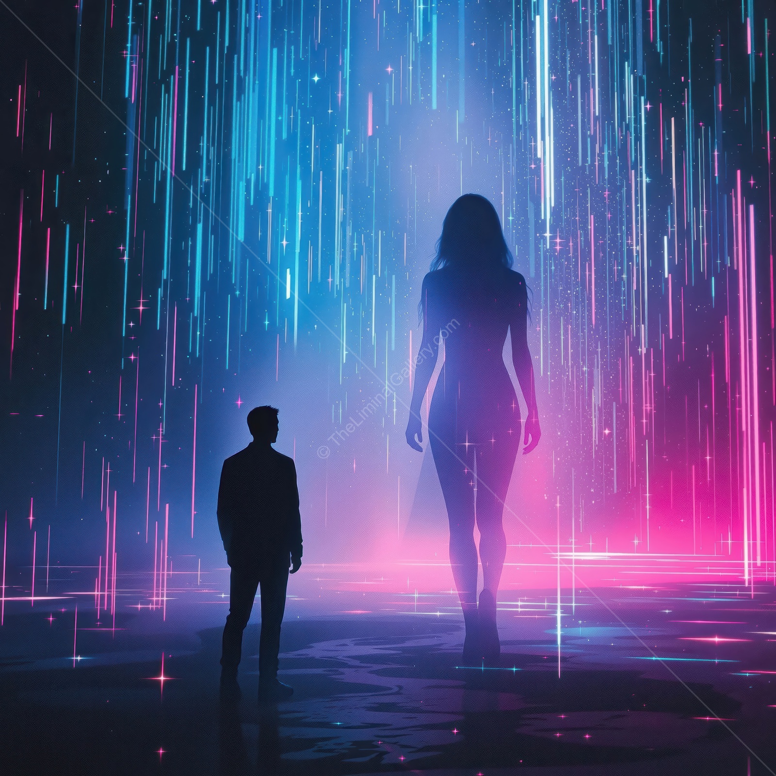 Mysterious encounter in a digital realm with vibrant lights and silhouettes at twilight