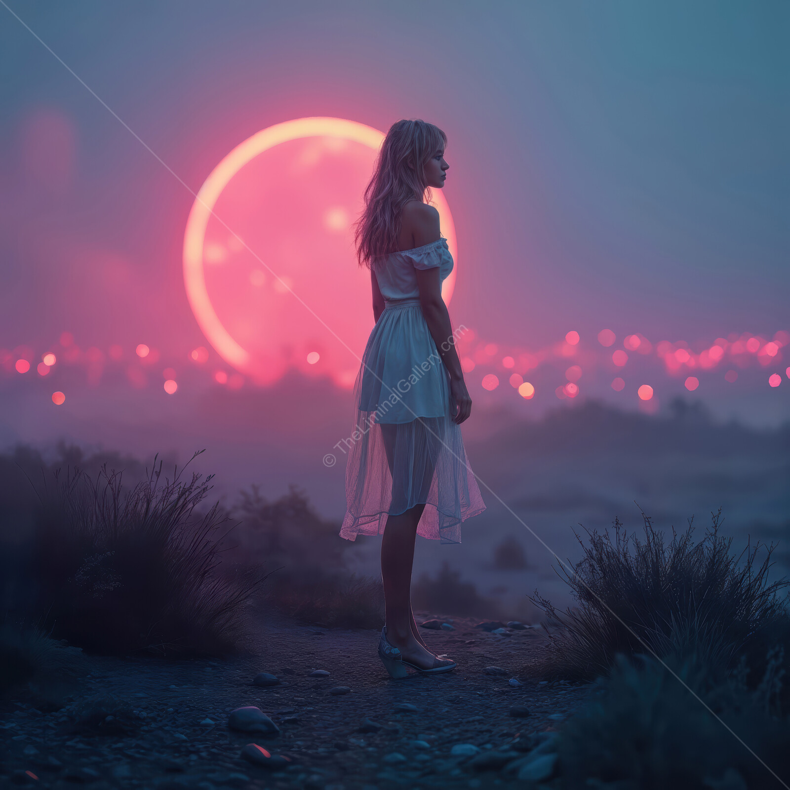 Mystical silhouette in a dreamy landscape at twilight with a vibrant sunset