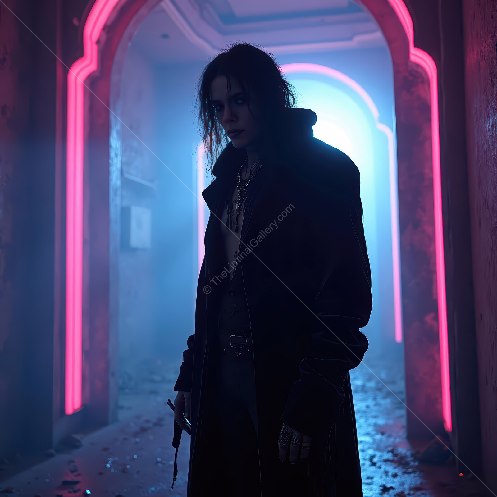 Mysterious figure in dark attire stands in a neon-lit corridor with an eerie vibe at dusk